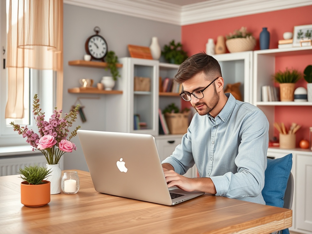 Молодой человек работает за столом с ноутбуком в уютной комнате с цветами и книжными полками.