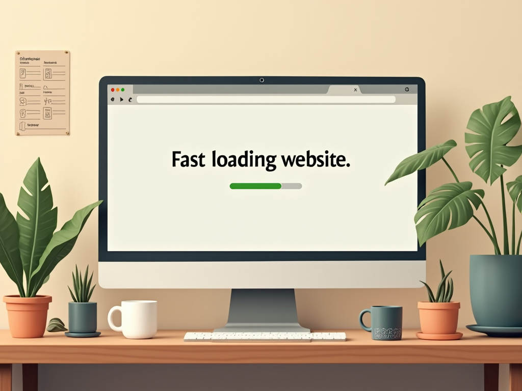 Компьютер с экраном, на котором надпись "Fast loading website" и индикатор загрузки, окруженный растениями и кофейными чашками.