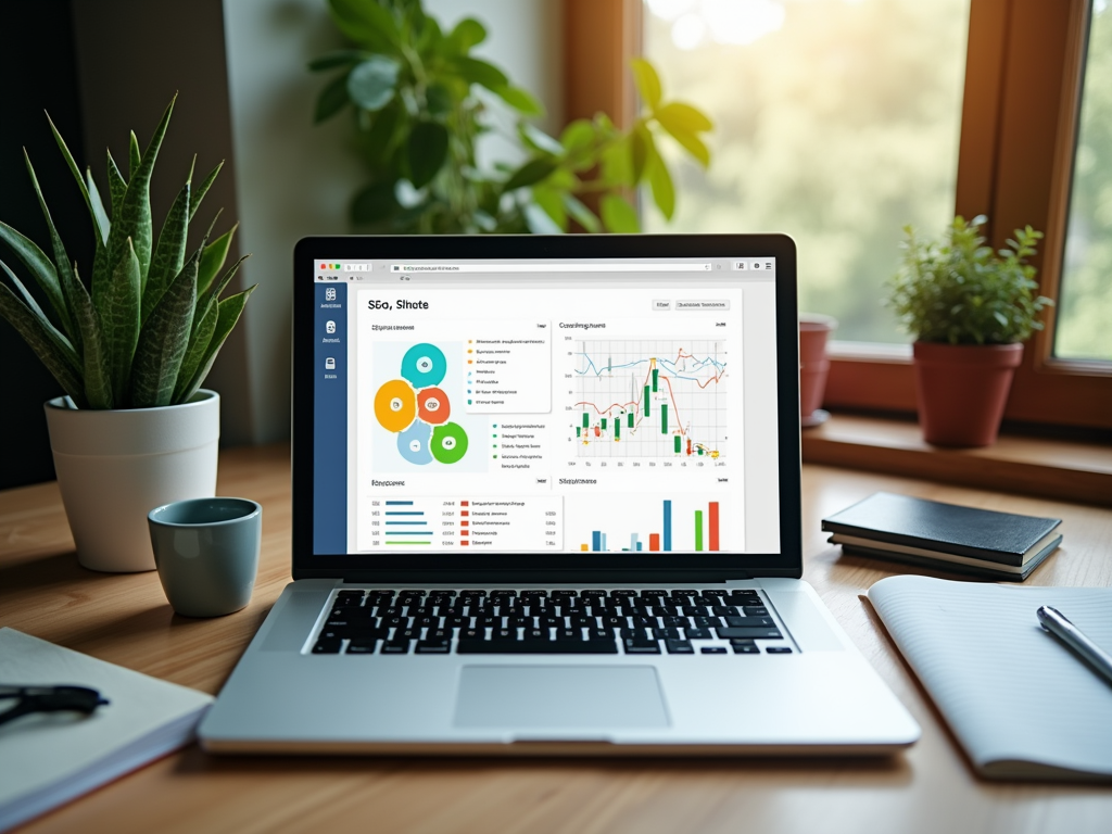 Ноутбук с открытыми графиками SEO аналитики на столе рядом с комнатным растением и окном.