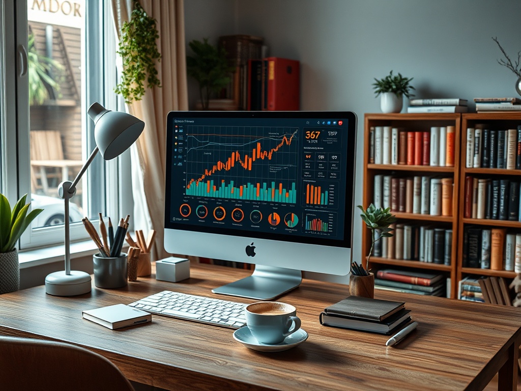 Современный офис с компьютером, графиками и чашкой кофе на столе, книгами на полках.