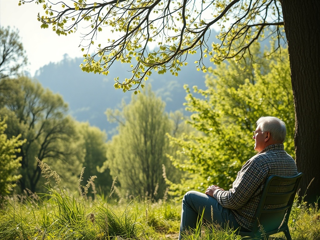 Пожилой человек сидит на скамейке в зелёном парке, наслаждаясь спокойствием природы.