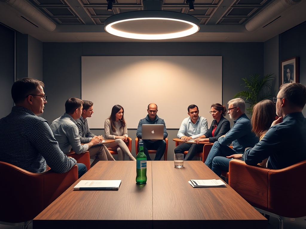 Группа людей обсуждает проект в современном офисе, сидя вокруг стола с ноутбуком и напитками.