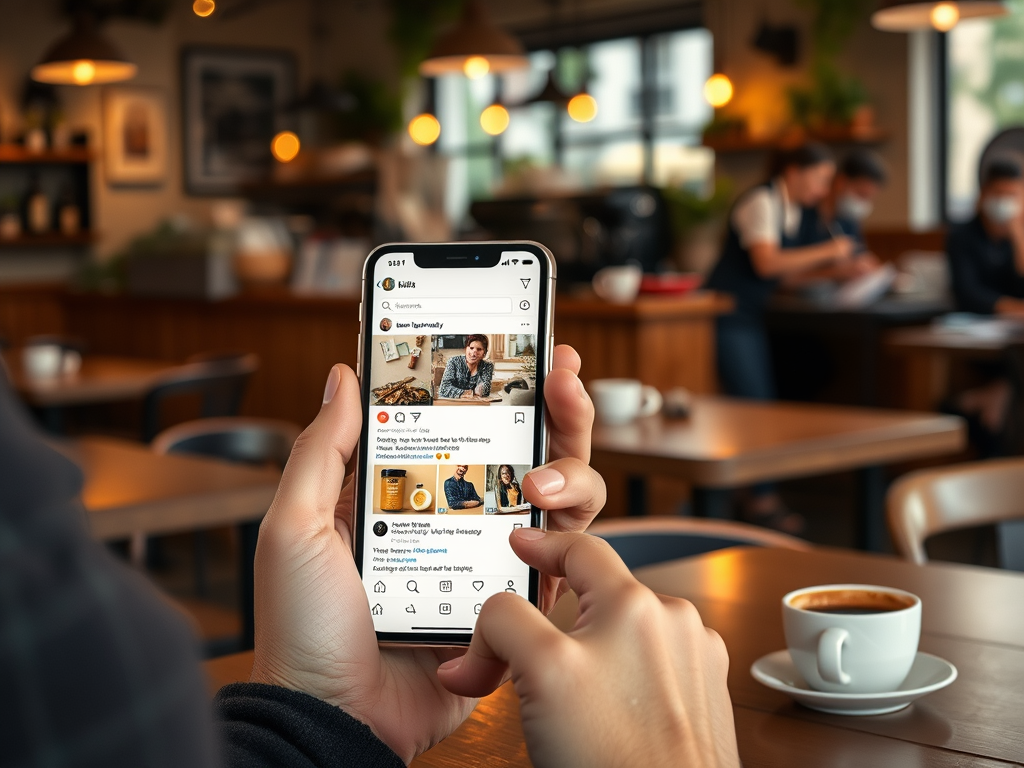 На изображении человек смотрит в телефон, на экране - лента Instagram в уютном кафе. На столе стоит чашка кофе.