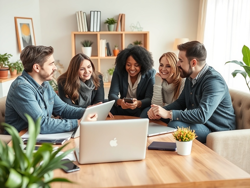 Группа людей обсуждает что-то весёлое за столом в светлом офисе. На столе ноутбук и офисные принадлежности.