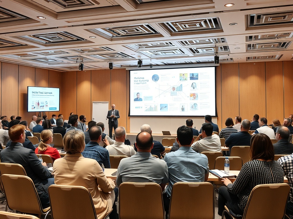 На семинаре слушатели обсуждают маркетинг и новые технологии, присутствует интерактивная презентация.