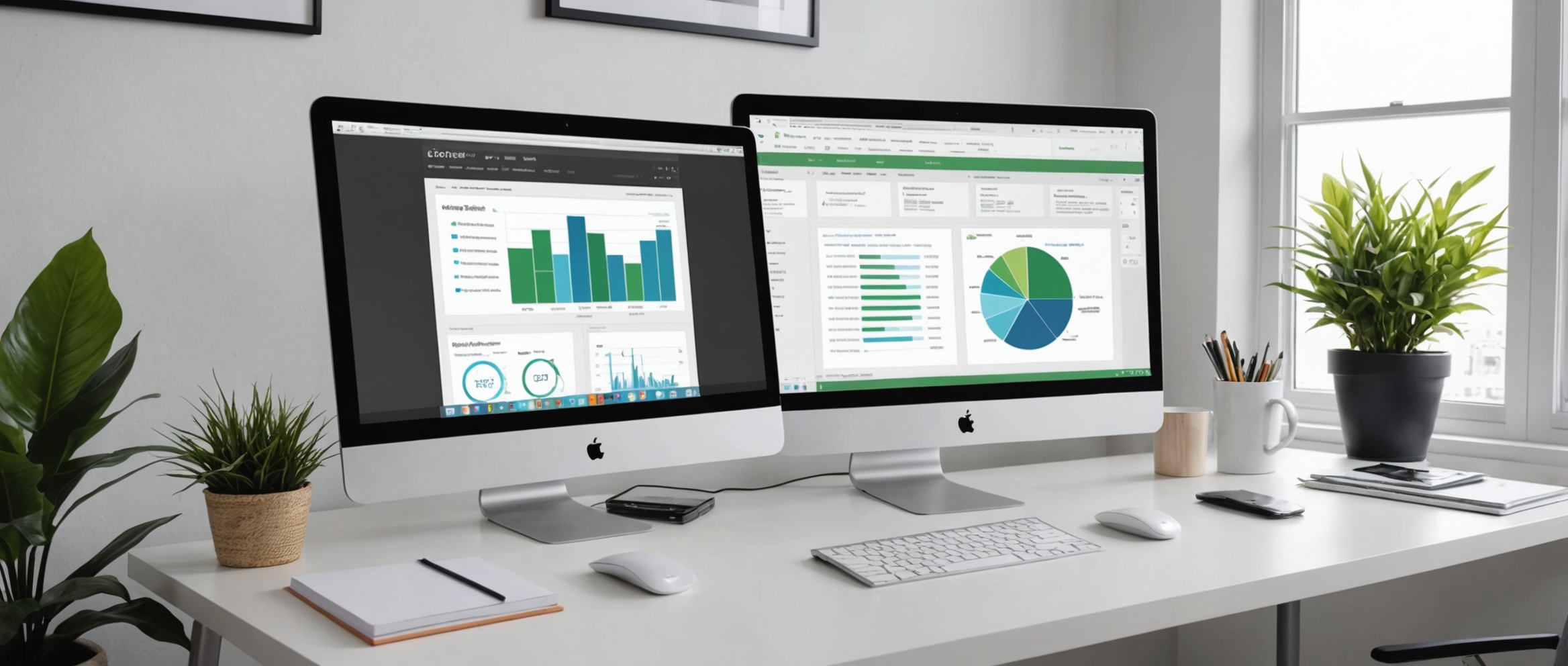 Два монитора Apple с графиками и диаграммами на столе в светлом офисе.