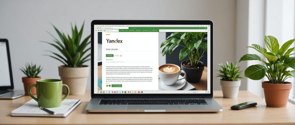 Ноутбук на столе с открытым сайтом Yandex, окружённый горшками с растениями и кружкой.