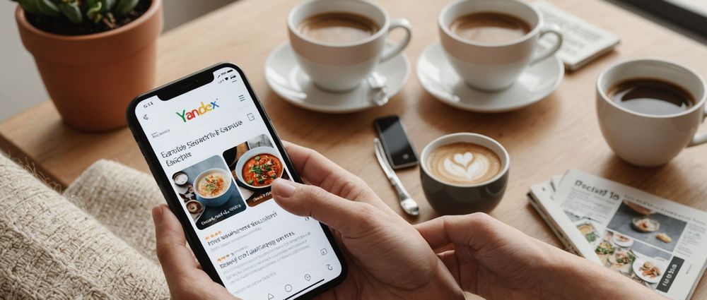 Смартфон в руках человека, отображающий страницу "Яндекс" с фото еды, на столе кофе и журналы.